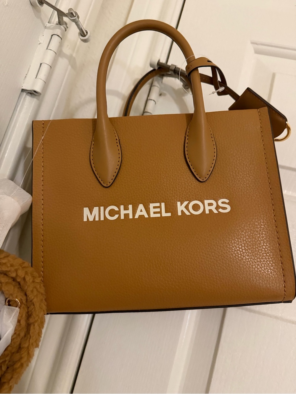 Michael Kors Tan Pebbled Leather Satchel with White Logo